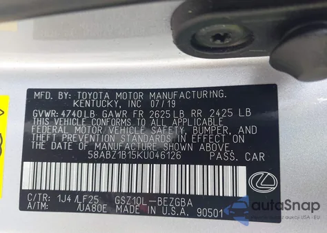 2019 Lexus Es 350 F Sport из США, поврежденный, VIN 58ABZ1B15KU046126